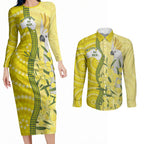 Australia Wattle Day Couples Matching Long Sleeve Bodycon Dress and Long Sleeve Button Shirt Sulphur-crested Cockatoo Aboriginal Pattern