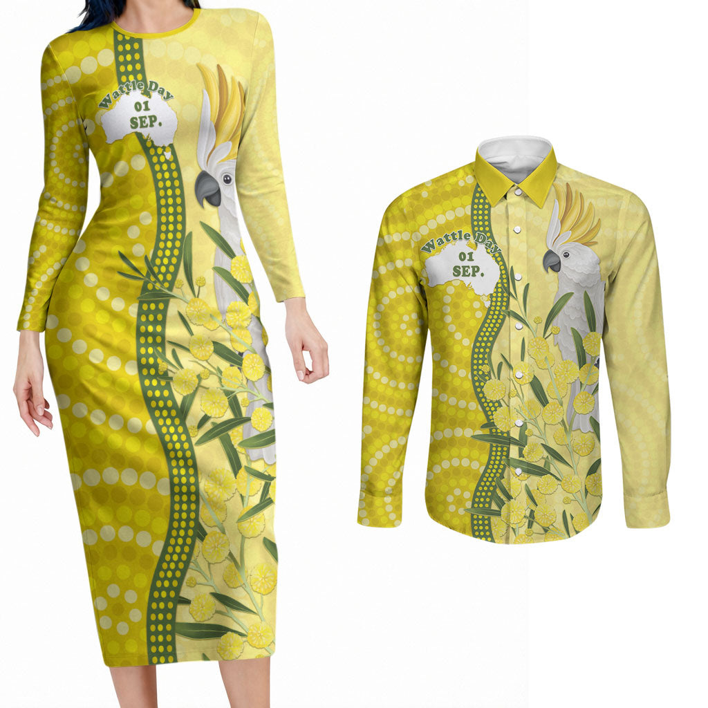 Australia Wattle Day Couples Matching Long Sleeve Bodycon Dress and Long Sleeve Button Shirt Sulphur-crested Cockatoo Aboriginal Pattern