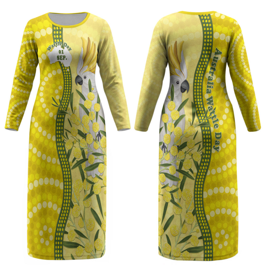 Australia Wattle Day Couples Matching Long Sleeve Bodycon Dress and Long Sleeve Button Shirt Sulphur-crested Cockatoo Aboriginal Pattern