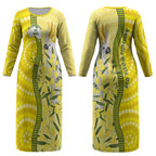Australia Wattle Day Couples Matching Long Sleeve Bodycon Dress and Long Sleeve Button Shirt Sulphur-crested Cockatoo Aboriginal Pattern