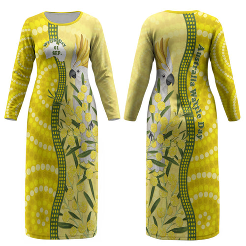 Australia Wattle Day Couples Matching Long Sleeve Bodycon Dress and Long Sleeve Button Shirt Sulphur-crested Cockatoo Aboriginal Pattern