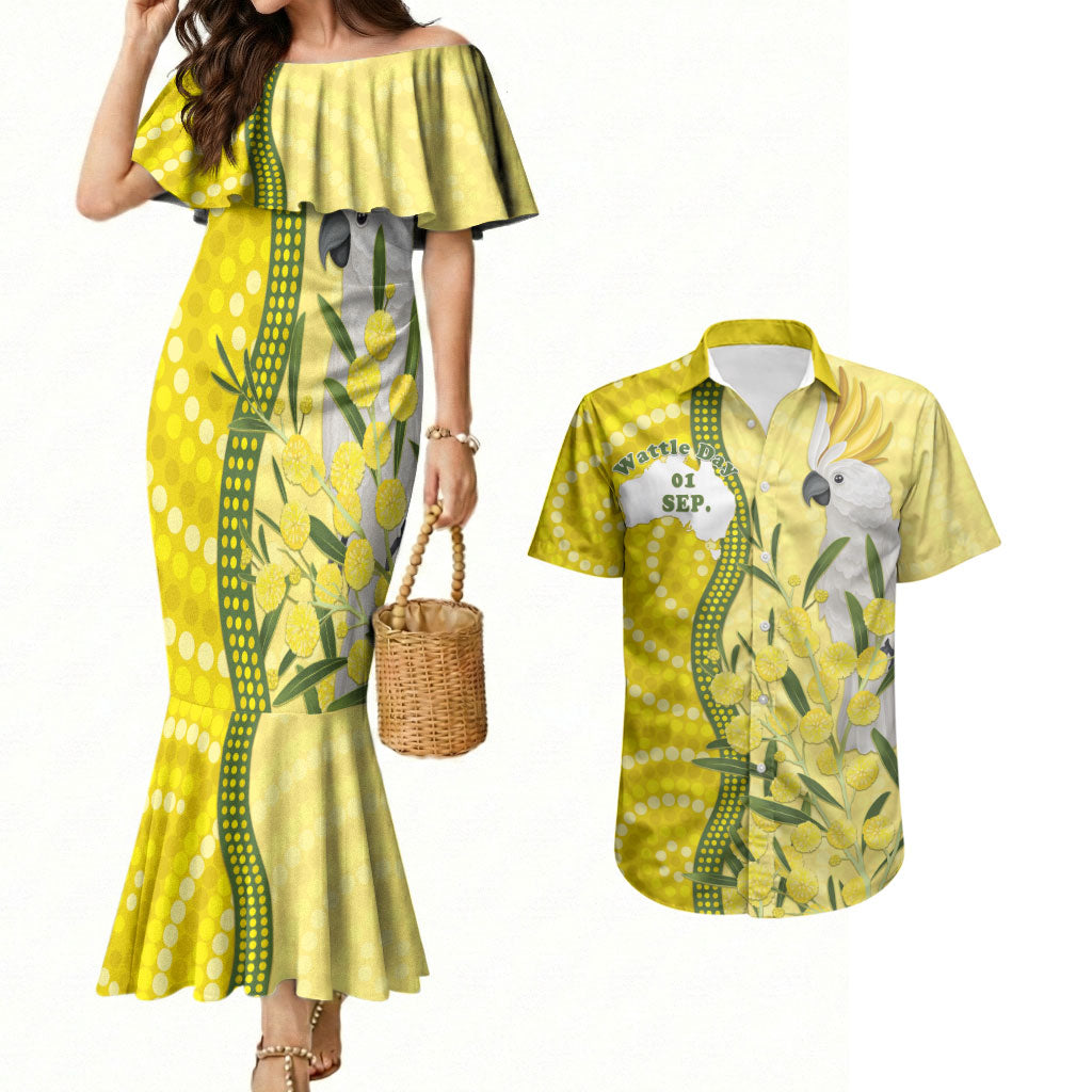 Australia Wattle Day Couples Matching Mermaid Dress and Hawaiian Shirt Sulphur-crested Cockatoo Aboriginal Pattern