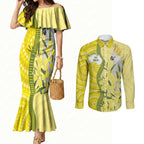 Australia Wattle Day Couples Matching Mermaid Dress and Long Sleeve Button Shirt Sulphur-crested Cockatoo Aboriginal Pattern