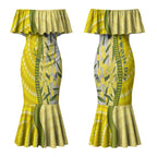 Australia Wattle Day Couples Matching Mermaid Dress and Long Sleeve Button Shirt Sulphur-crested Cockatoo Aboriginal Pattern
