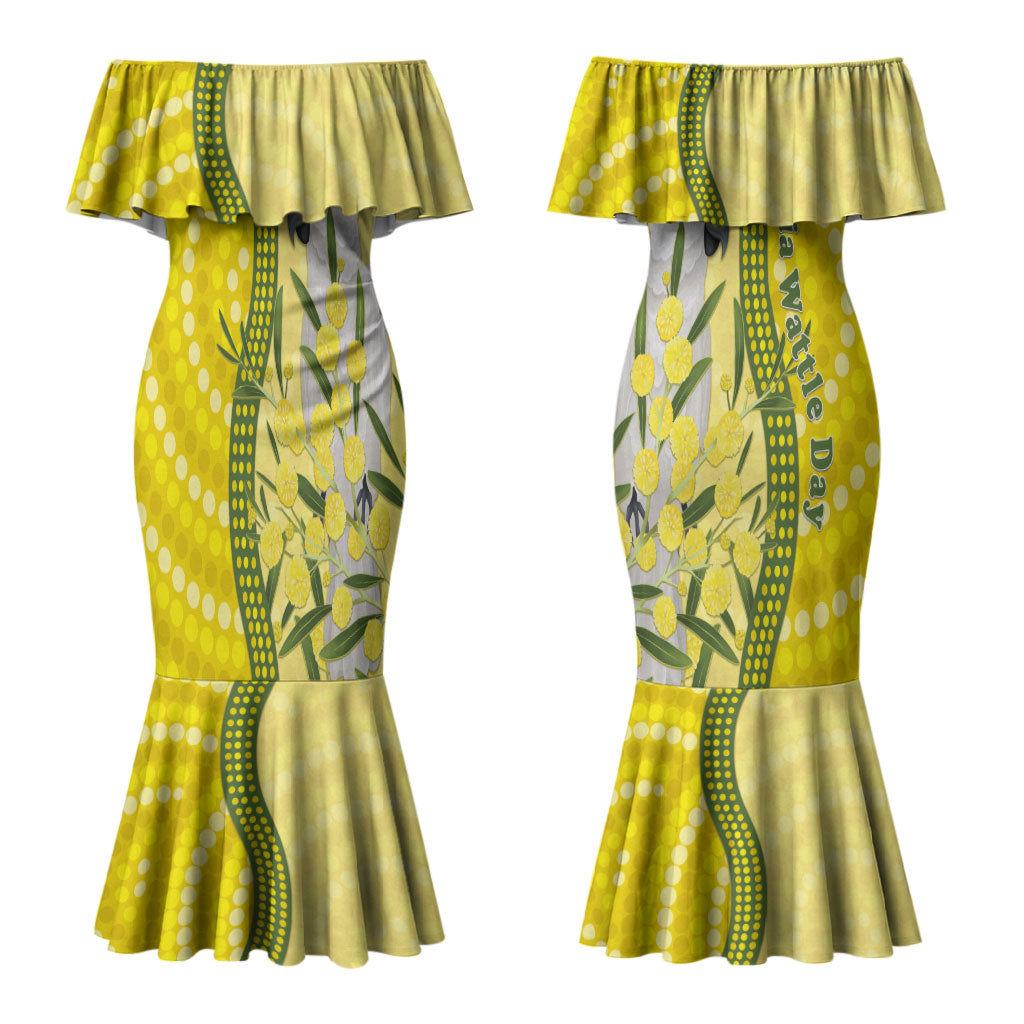 Australia Wattle Day Couples Matching Mermaid Dress and Long Sleeve Button Shirt Sulphur-crested Cockatoo Aboriginal Pattern