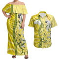 Australia Wattle Day Couples Matching Off Shoulder Maxi Dress and Hawaiian Shirt Sulphur-crested Cockatoo Aboriginal Pattern