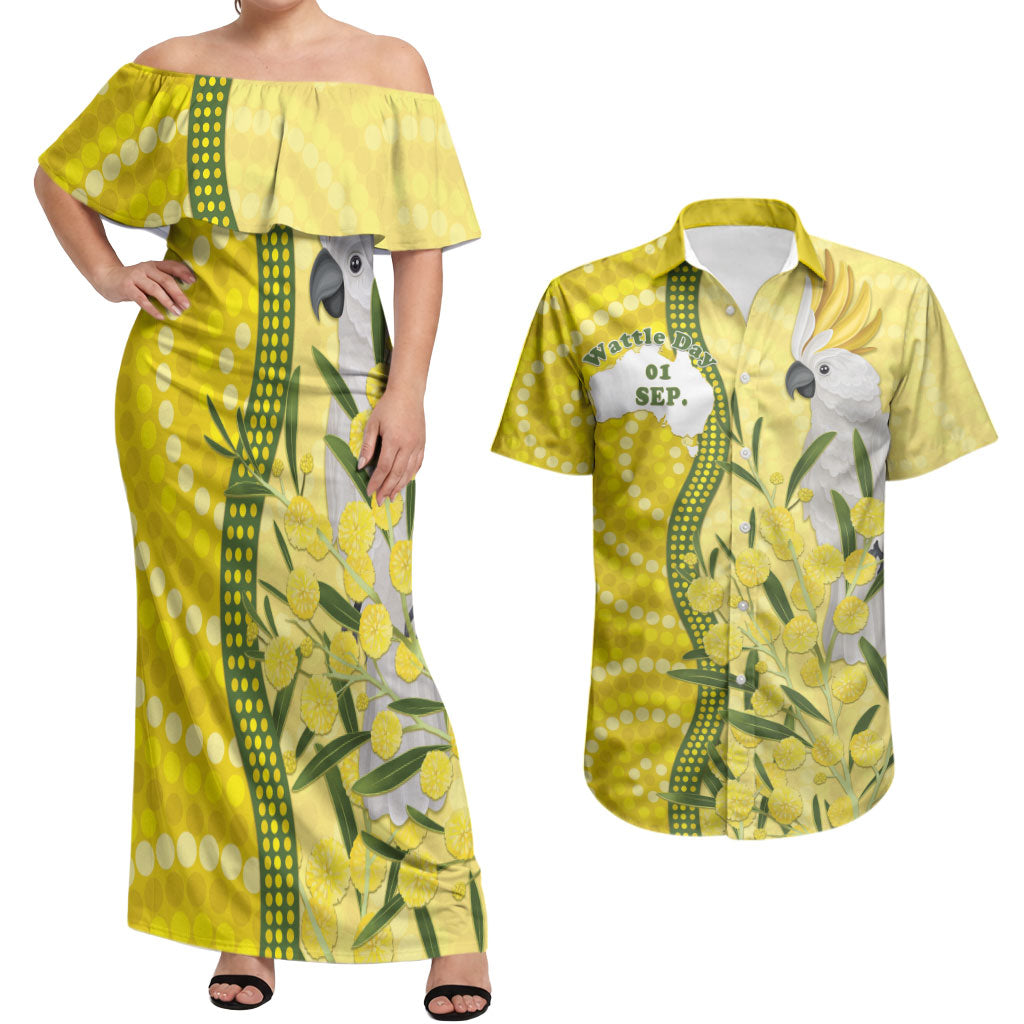 Australia Wattle Day Couples Matching Off Shoulder Maxi Dress and Hawaiian Shirt Sulphur-crested Cockatoo Aboriginal Pattern