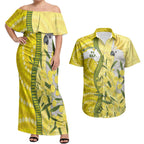 Australia Wattle Day Couples Matching Off Shoulder Maxi Dress and Hawaiian Shirt Sulphur-crested Cockatoo Aboriginal Pattern