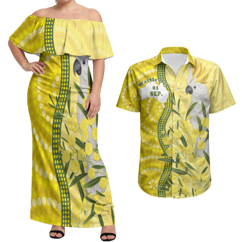 Australia Wattle Day Couples Matching Off Shoulder Maxi Dress and Hawaiian Shirt Sulphur-crested Cockatoo Aboriginal Pattern