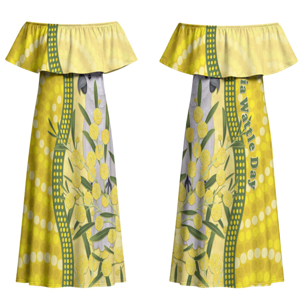Australia Wattle Day Couples Matching Off Shoulder Maxi Dress and Hawaiian Shirt Sulphur-crested Cockatoo Aboriginal Pattern