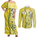 Australia Wattle Day Couples Matching Off Shoulder Maxi Dress and Long Sleeve Button Shirt Sulphur-crested Cockatoo Aboriginal Pattern