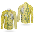Australia Wattle Day Couples Matching Off Shoulder Maxi Dress and Long Sleeve Button Shirt Sulphur-crested Cockatoo Aboriginal Pattern