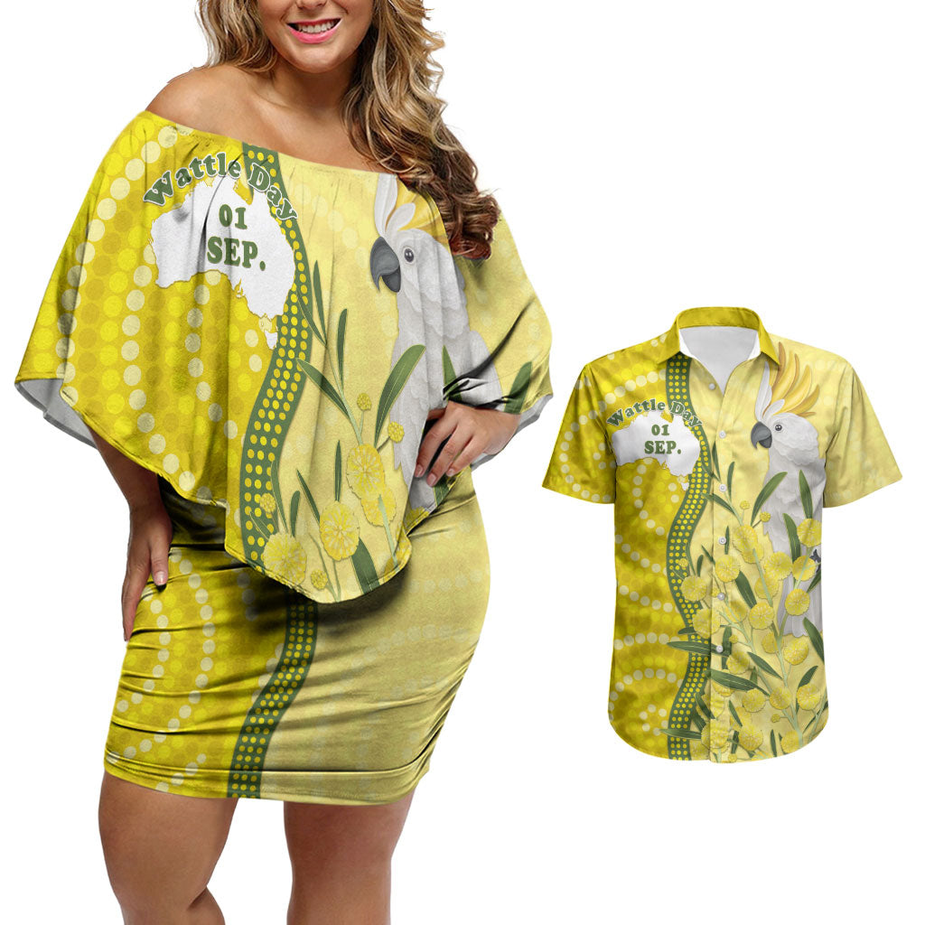 Australia Wattle Day Couples Matching Off Shoulder Short Dress and Hawaiian Shirt Sulphur-crested Cockatoo Aboriginal Pattern