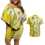 Australia Wattle Day Couples Matching Off Shoulder Short Dress and Hawaiian Shirt Sulphur-crested Cockatoo Aboriginal Pattern