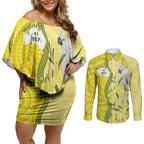 Australia Wattle Day Couples Matching Off Shoulder Short Dress and Long Sleeve Button Shirt Sulphur-crested Cockatoo Aboriginal Pattern