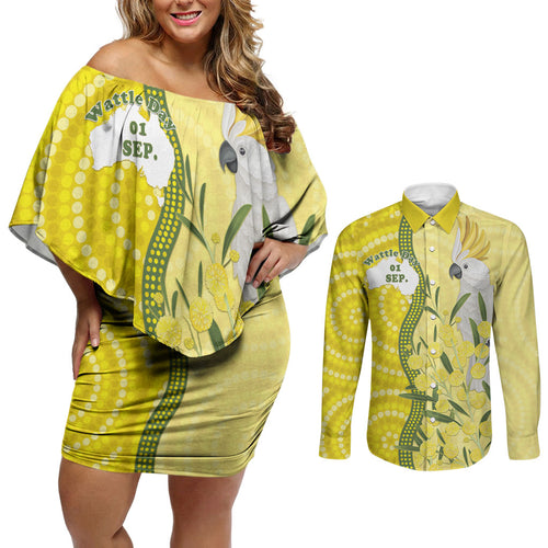 Australia Wattle Day Couples Matching Off Shoulder Short Dress and Long Sleeve Button Shirt Sulphur-crested Cockatoo Aboriginal Pattern