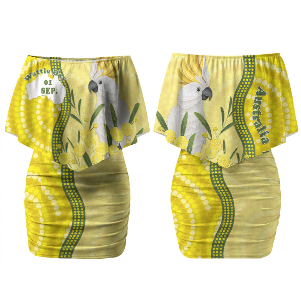 Australia Wattle Day Couples Matching Off Shoulder Short Dress and Long Sleeve Button Shirt Sulphur-crested Cockatoo Aboriginal Pattern