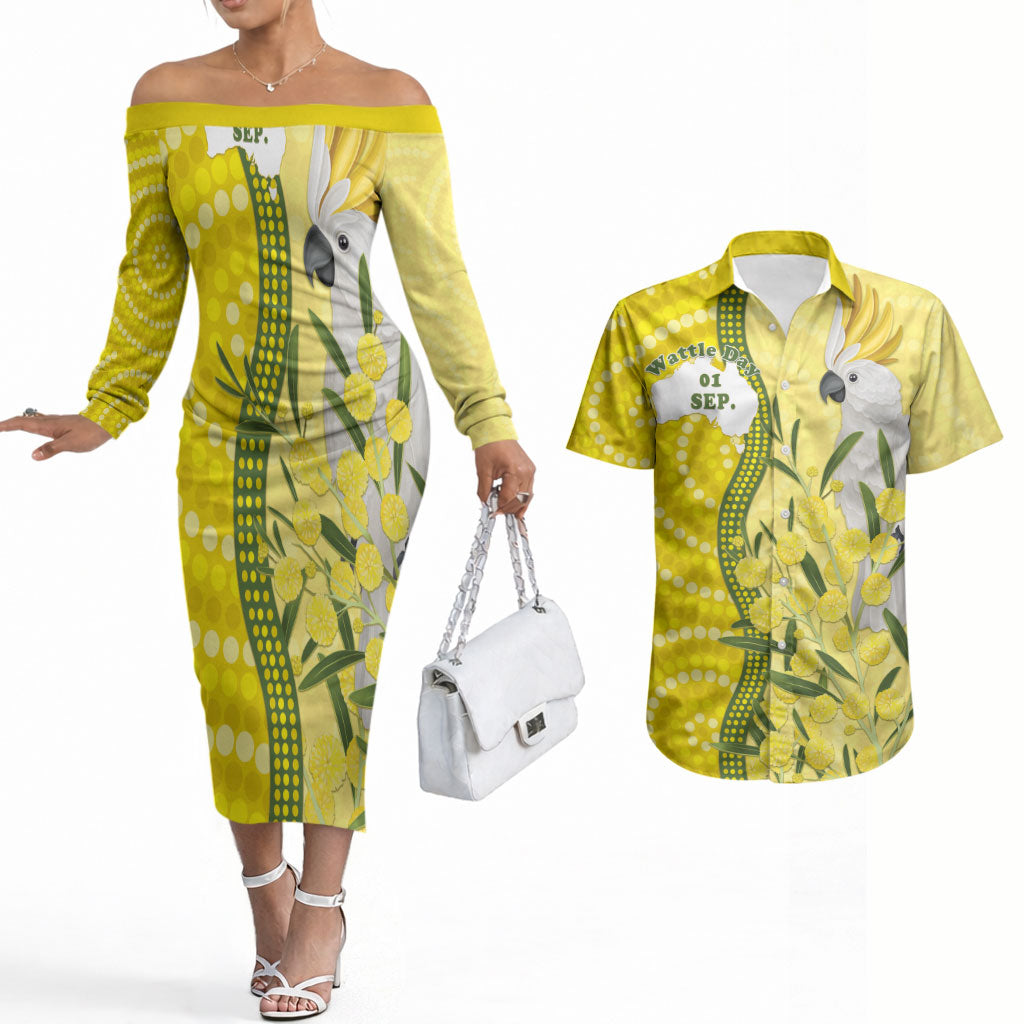 Australia Wattle Day Couples Matching Off The Shoulder Long Sleeve Dress and Hawaiian Shirt Sulphur-crested Cockatoo Aboriginal Pattern
