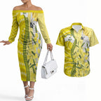 Australia Wattle Day Couples Matching Off The Shoulder Long Sleeve Dress and Hawaiian Shirt Sulphur-crested Cockatoo Aboriginal Pattern
