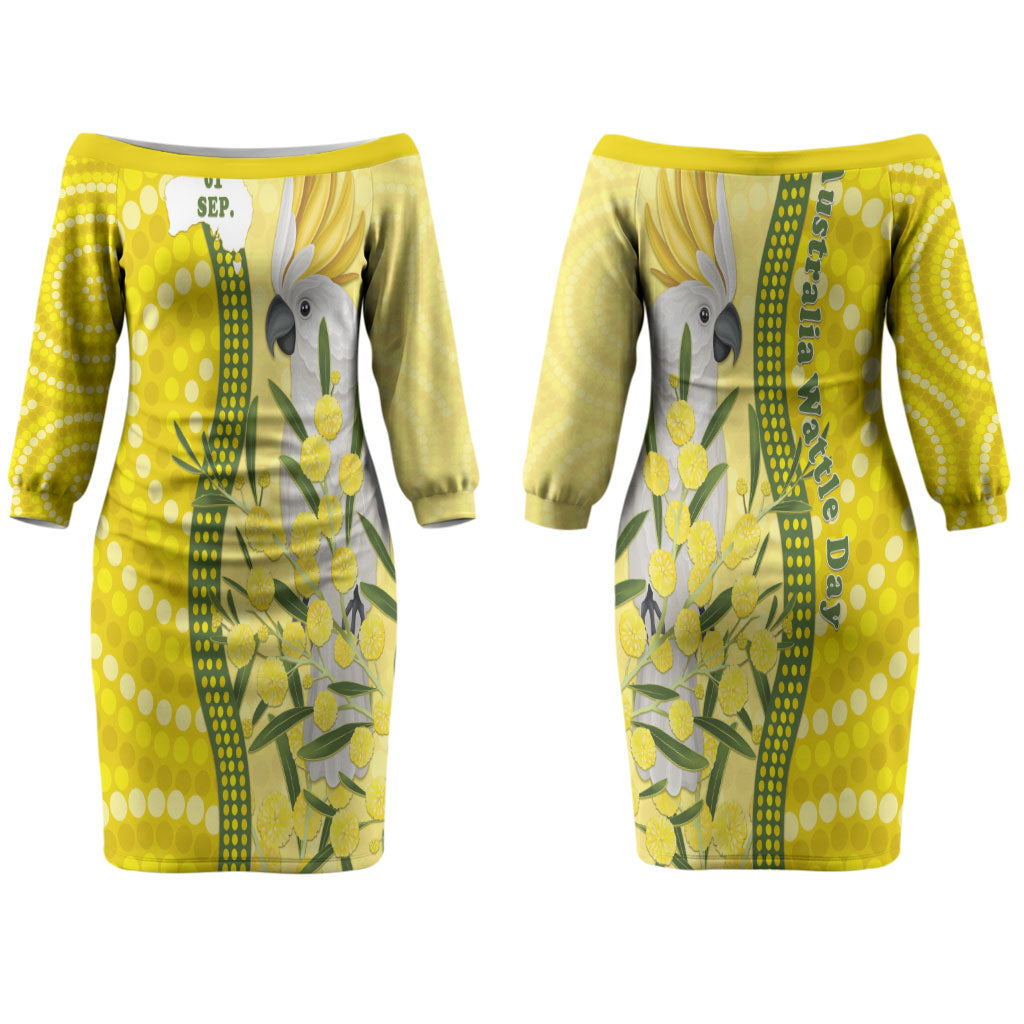 Australia Wattle Day Couples Matching Off The Shoulder Long Sleeve Dress and Hawaiian Shirt Sulphur-crested Cockatoo Aboriginal Pattern