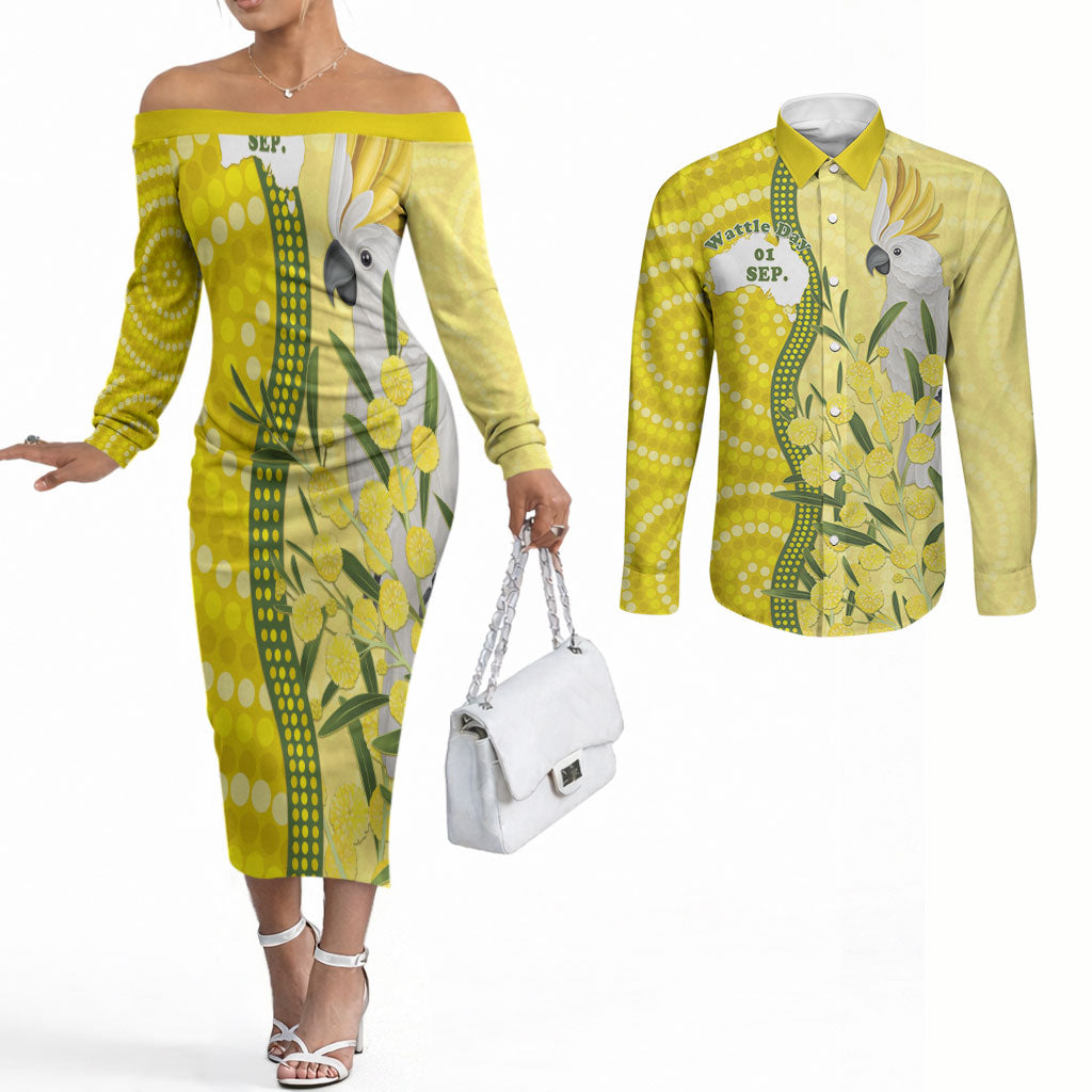 Australia Wattle Day Couples Matching Off The Shoulder Long Sleeve Dress and Long Sleeve Button Shirt Sulphur-crested Cockatoo Aboriginal Pattern