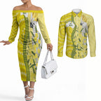 Australia Wattle Day Couples Matching Off The Shoulder Long Sleeve Dress and Long Sleeve Button Shirt Sulphur-crested Cockatoo Aboriginal Pattern