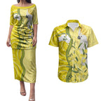 Australia Wattle Day Couples Matching Puletasi and Hawaiian Shirt Sulphur-crested Cockatoo Aboriginal Pattern