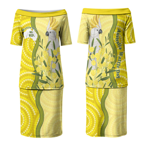Australia Wattle Day Couples Matching Puletasi and Hawaiian Shirt Sulphur-crested Cockatoo Aboriginal Pattern