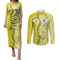 Australia Wattle Day Couples Matching Puletasi and Long Sleeve Button Shirt Sulphur-crested Cockatoo Aboriginal Pattern