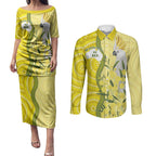 Australia Wattle Day Couples Matching Puletasi and Long Sleeve Button Shirt Sulphur-crested Cockatoo Aboriginal Pattern