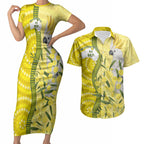 Australia Wattle Day Couples Matching Short Sleeve Bodycon Dress and Hawaiian Shirt Sulphur-crested Cockatoo Aboriginal Pattern
