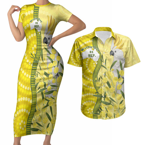 Australia Wattle Day Couples Matching Short Sleeve Bodycon Dress and Hawaiian Shirt Sulphur-crested Cockatoo Aboriginal Pattern