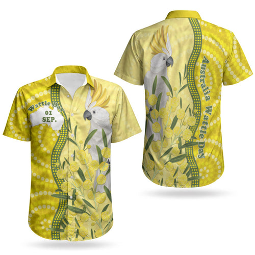 Australia Wattle Day Couples Matching Short Sleeve Bodycon Dress and Hawaiian Shirt Sulphur-crested Cockatoo Aboriginal Pattern