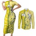 Australia Wattle Day Couples Matching Short Sleeve Bodycon Dress and Long Sleeve Button Shirt Sulphur-crested Cockatoo Aboriginal Pattern
