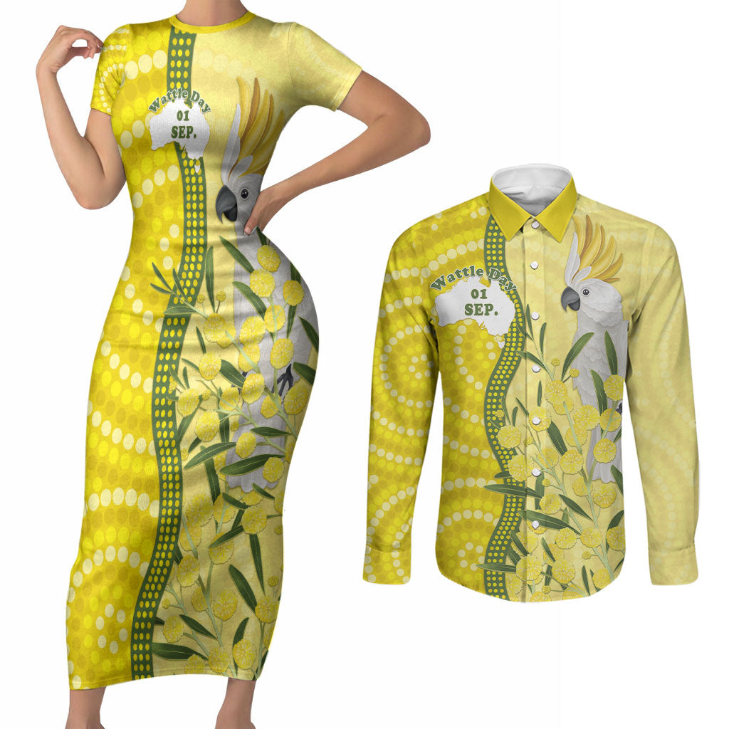 Australia Wattle Day Couples Matching Short Sleeve Bodycon Dress and Long Sleeve Button Shirt Sulphur-crested Cockatoo Aboriginal Pattern