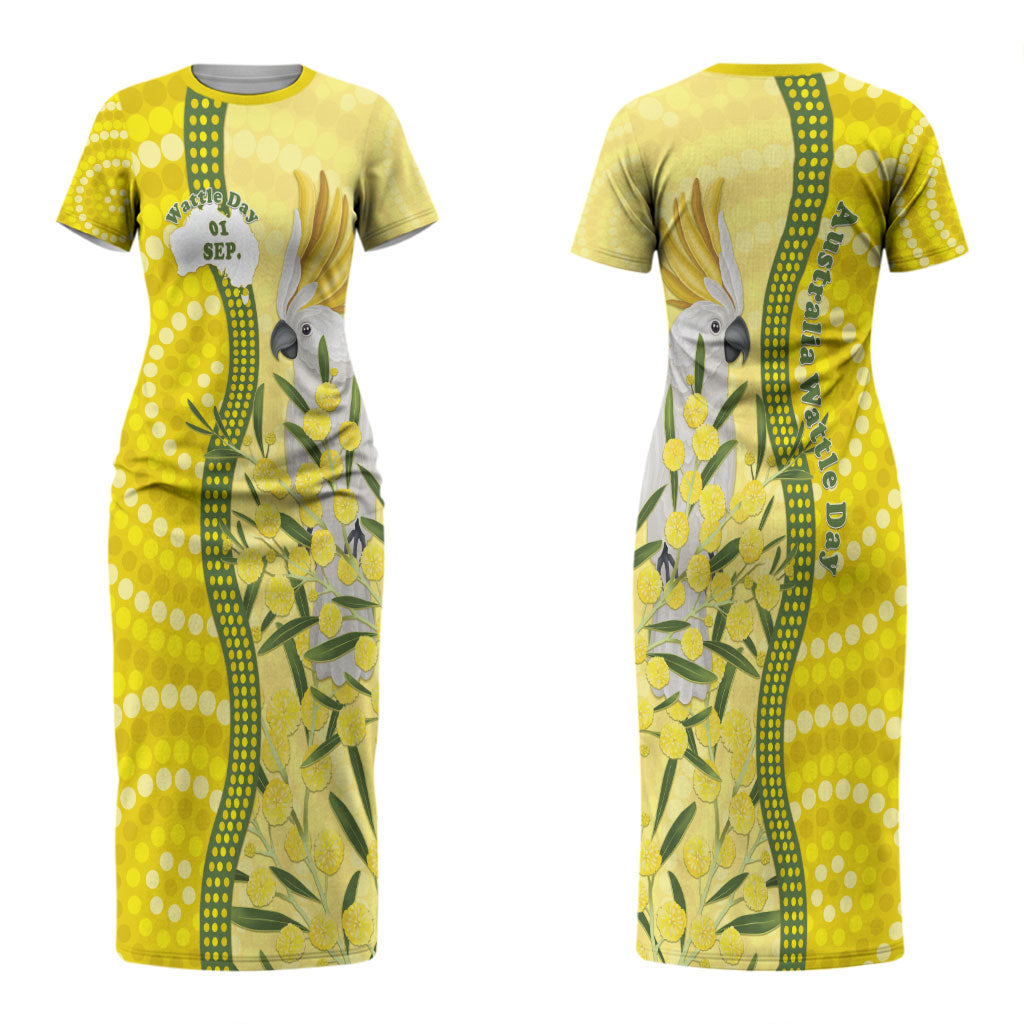 Australia Wattle Day Couples Matching Short Sleeve Bodycon Dress and Long Sleeve Button Shirt Sulphur-crested Cockatoo Aboriginal Pattern