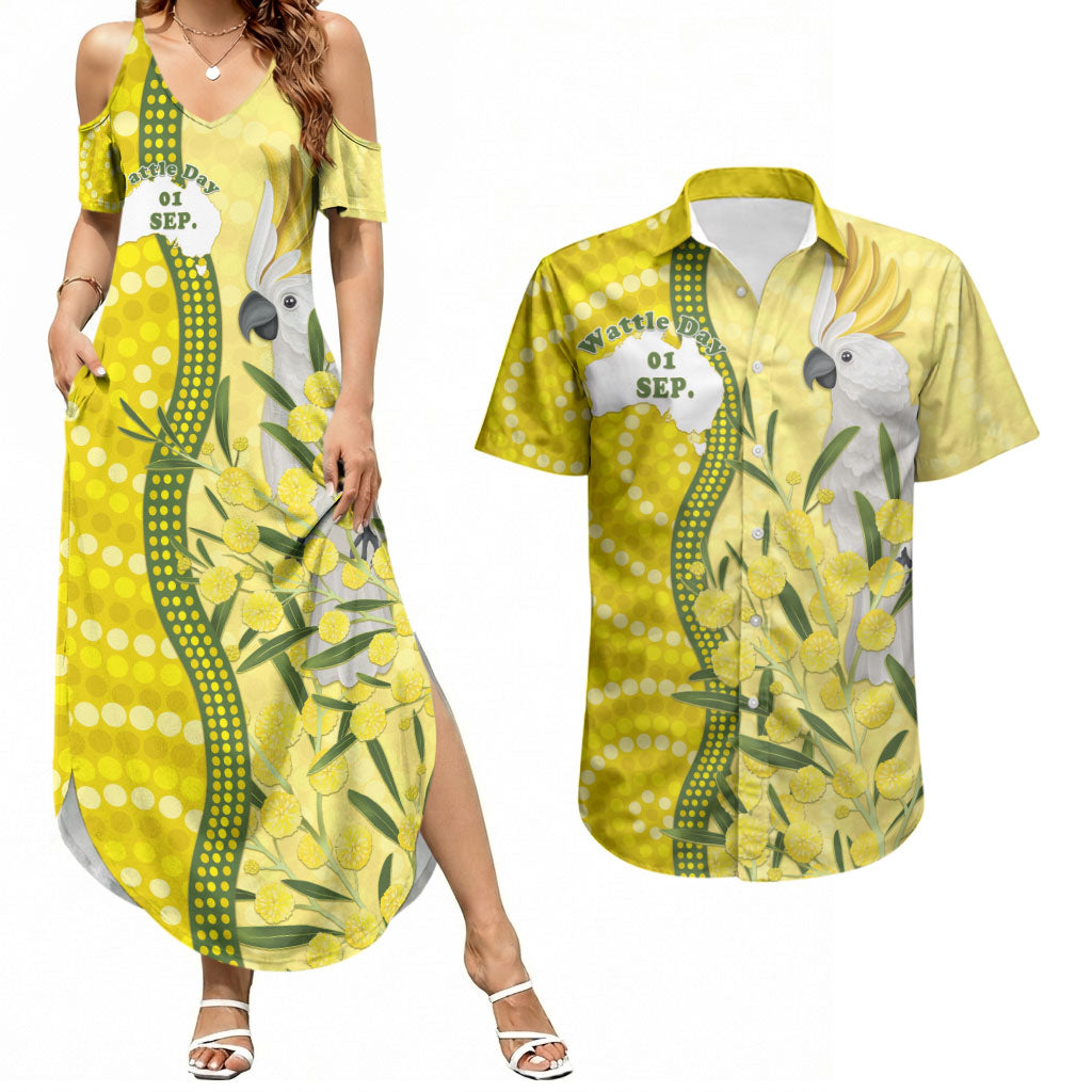 Australia Wattle Day Couples Matching Summer Maxi Dress and Hawaiian Shirt Sulphur-crested Cockatoo Aboriginal Pattern