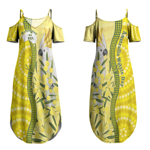 Australia Wattle Day Couples Matching Summer Maxi Dress and Hawaiian Shirt Sulphur-crested Cockatoo Aboriginal Pattern