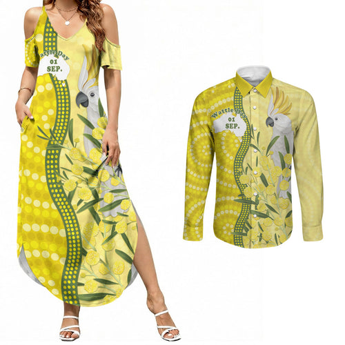 Australia Wattle Day Couples Matching Summer Maxi Dress and Long Sleeve Button Shirt Sulphur-crested Cockatoo Aboriginal Pattern