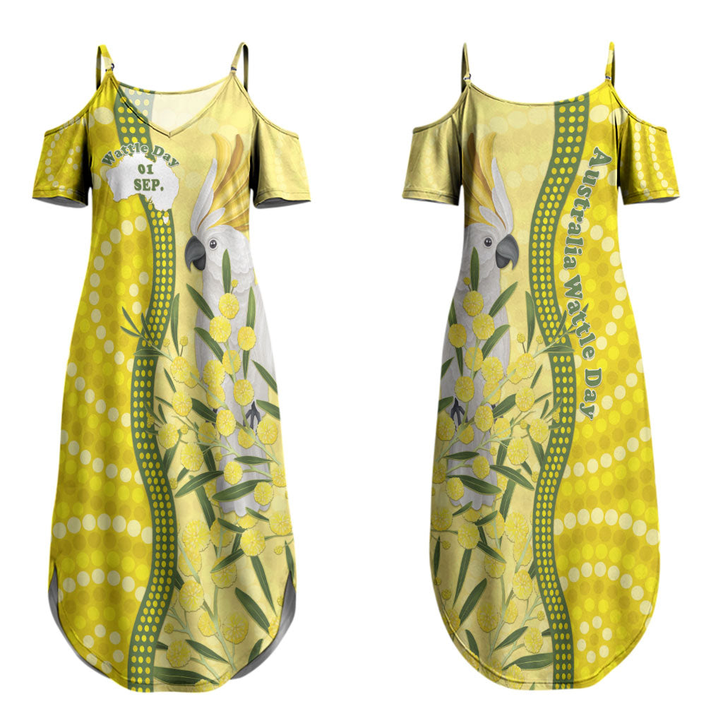 Australia Wattle Day Couples Matching Summer Maxi Dress and Long Sleeve Button Shirt Sulphur-crested Cockatoo Aboriginal Pattern
