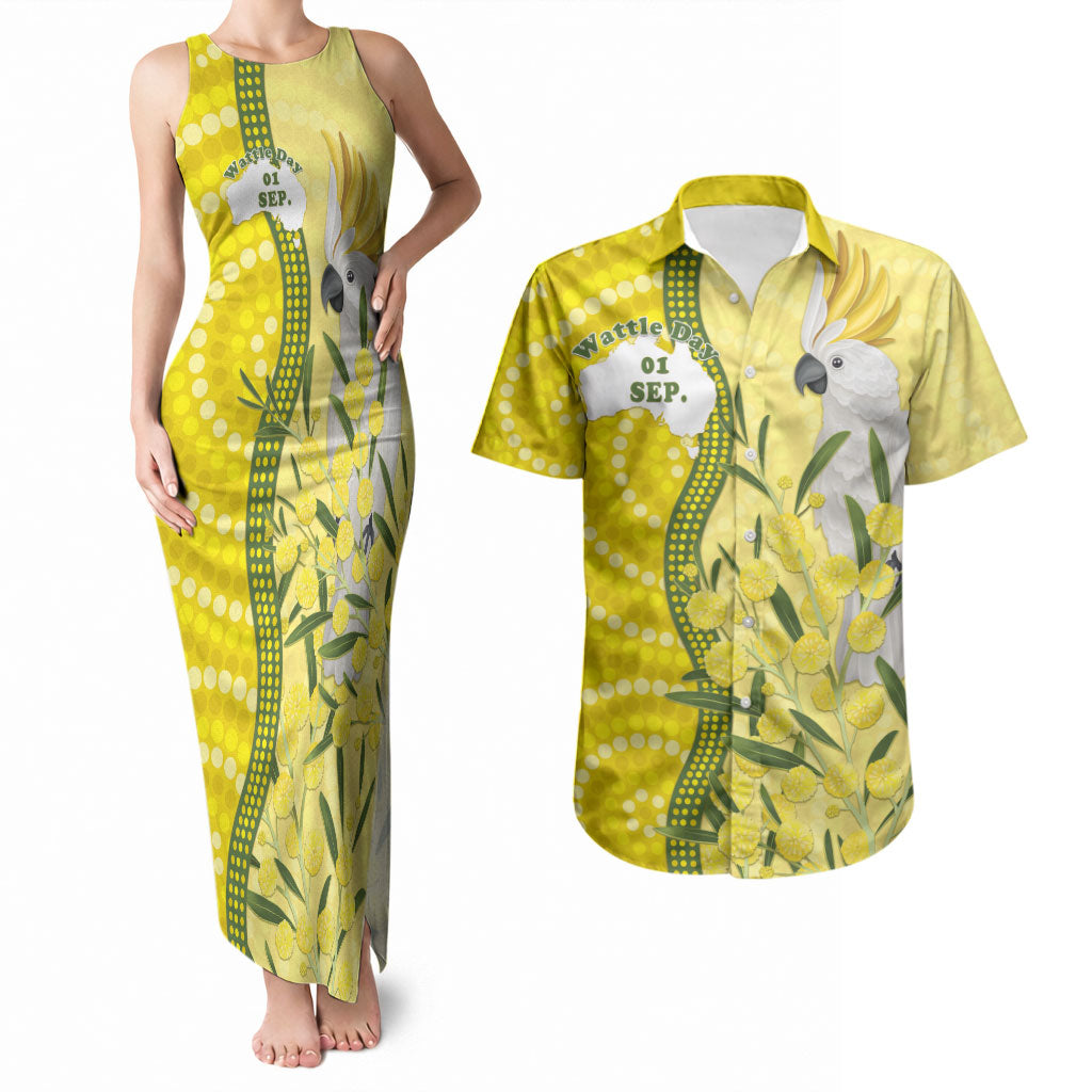 Australia Wattle Day Couples Matching Tank Maxi Dress and Hawaiian Shirt Sulphur-crested Cockatoo Aboriginal Pattern