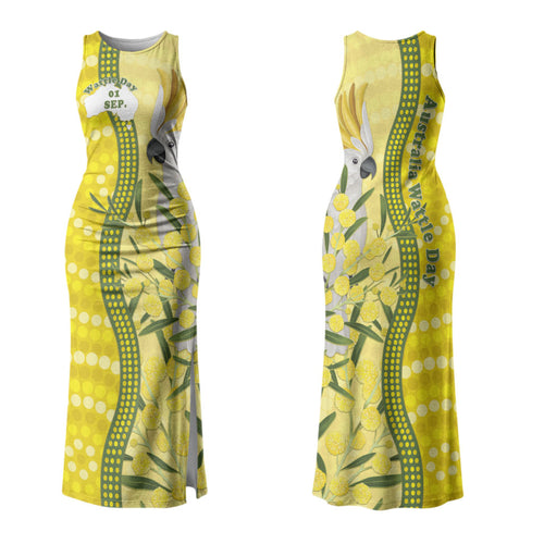 Australia Wattle Day Couples Matching Tank Maxi Dress and Hawaiian Shirt Sulphur-crested Cockatoo Aboriginal Pattern