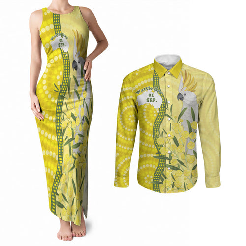 Australia Wattle Day Couples Matching Tank Maxi Dress and Long Sleeve Button Shirt Sulphur-crested Cockatoo Aboriginal Pattern