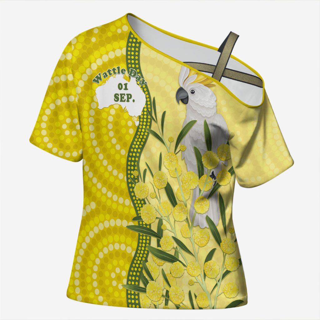 Australia Wattle Day Cross Shoulder Shirt Sulphur-crested Cockatoo Aboriginal Pattern