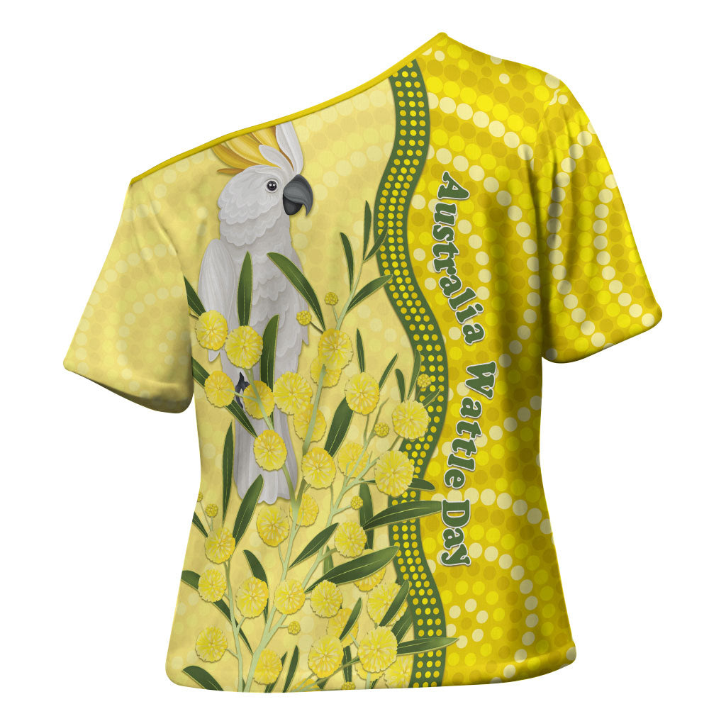 Australia Wattle Day Cross Shoulder Shirt Sulphur-crested Cockatoo Aboriginal Pattern