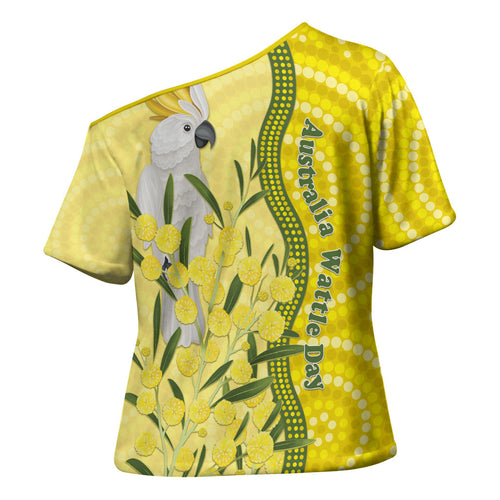 Australia Wattle Day Cross Shoulder Shirt Sulphur-crested Cockatoo Aboriginal Pattern