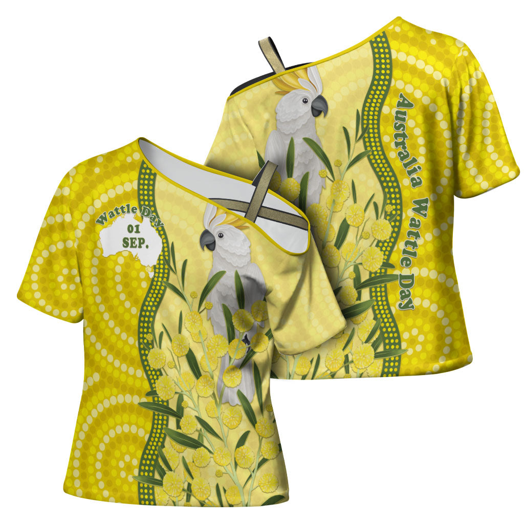 Australia Wattle Day Cross Shoulder Shirt Sulphur-crested Cockatoo Aboriginal Pattern