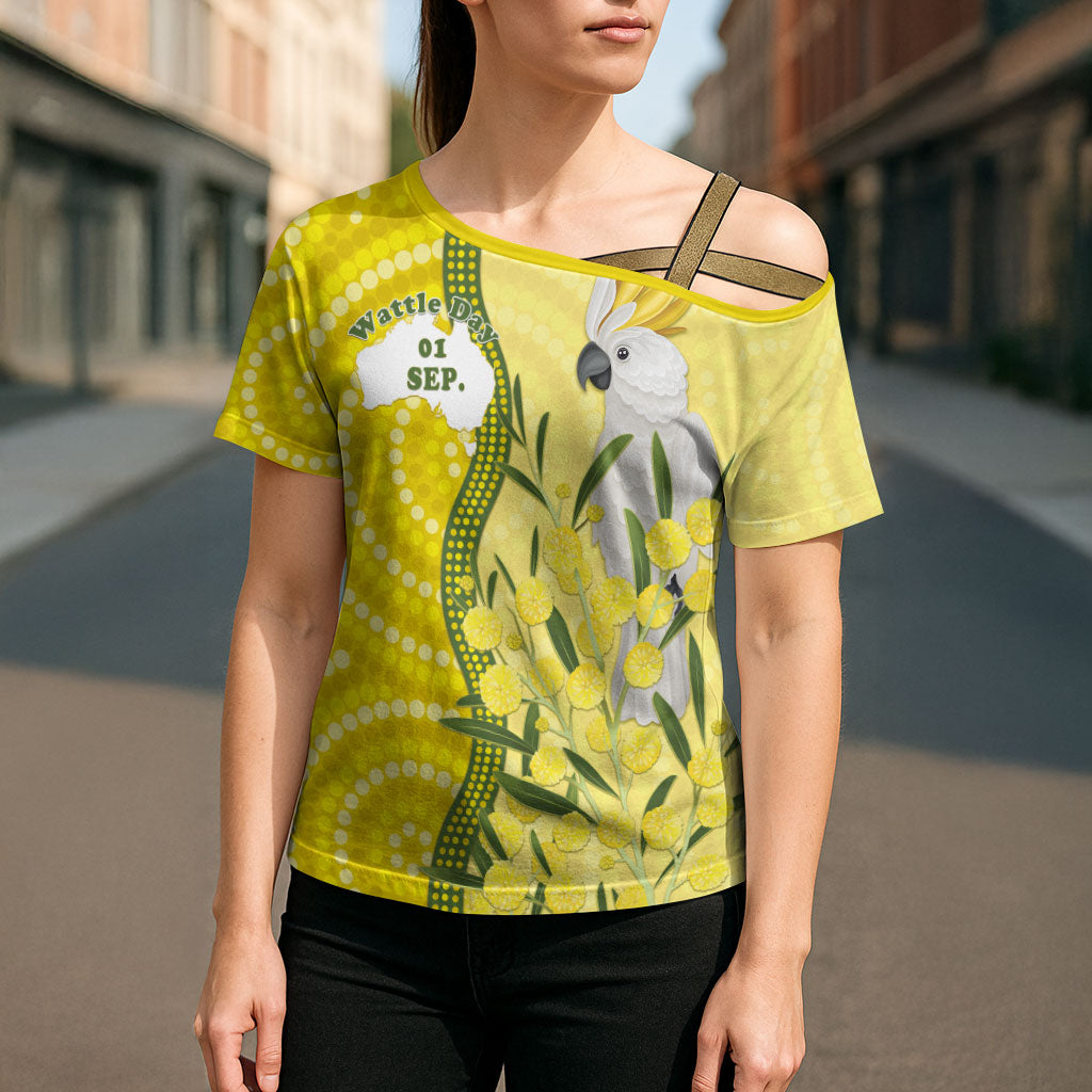 Australia Wattle Day Cross Shoulder Shirt Sulphur-crested Cockatoo Aboriginal Pattern