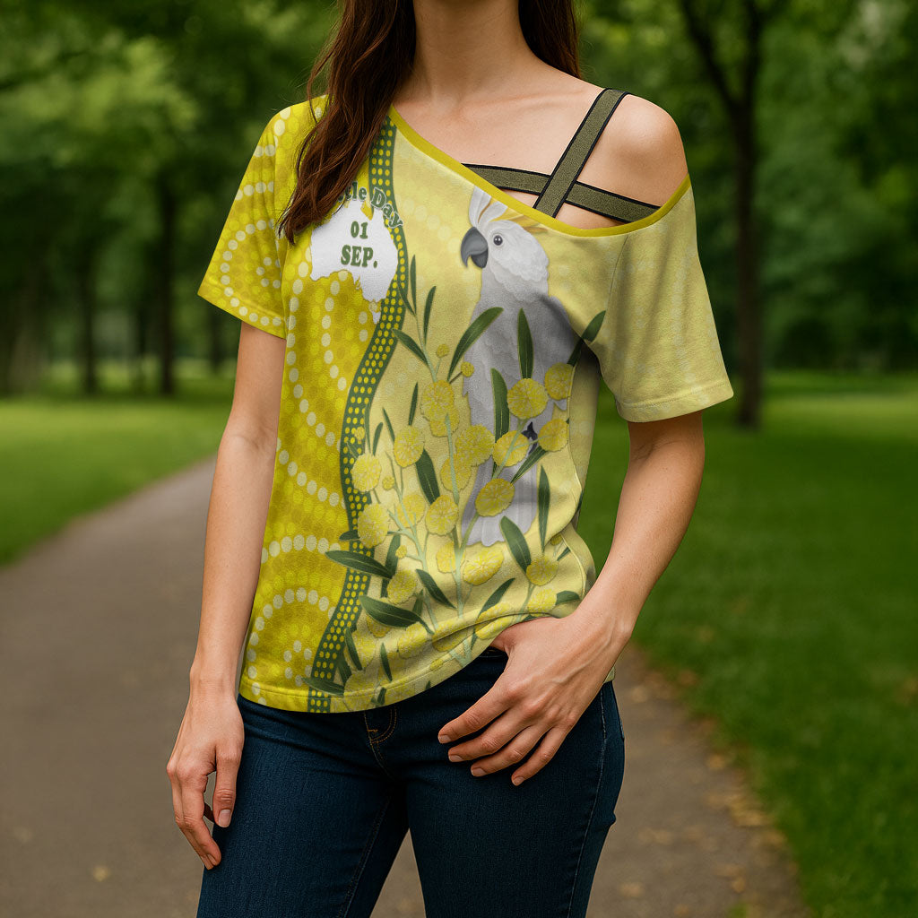 Australia Wattle Day Cross Shoulder Shirt Sulphur-crested Cockatoo Aboriginal Pattern