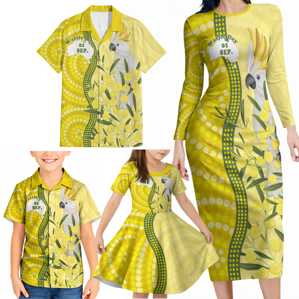 Australia Wattle Day Family Matching Long Sleeve Bodycon Dress and Hawaiian Shirt Sulphur-crested Cockatoo Aboriginal Pattern